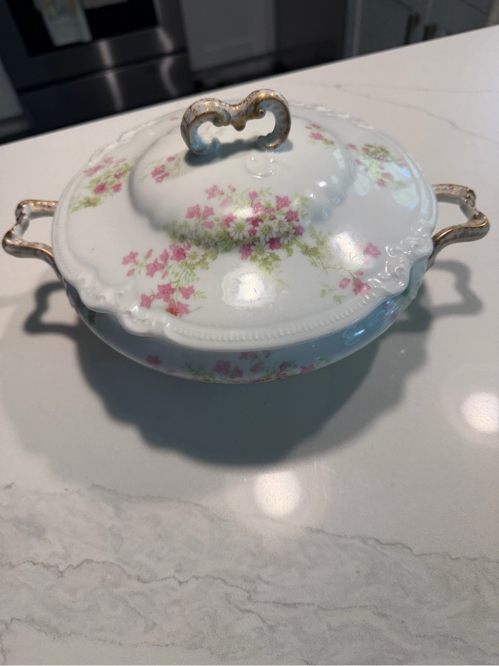Vintage Coronet Limoges Covered Vegetable Serving Bowl Pink Floral Design Tureen